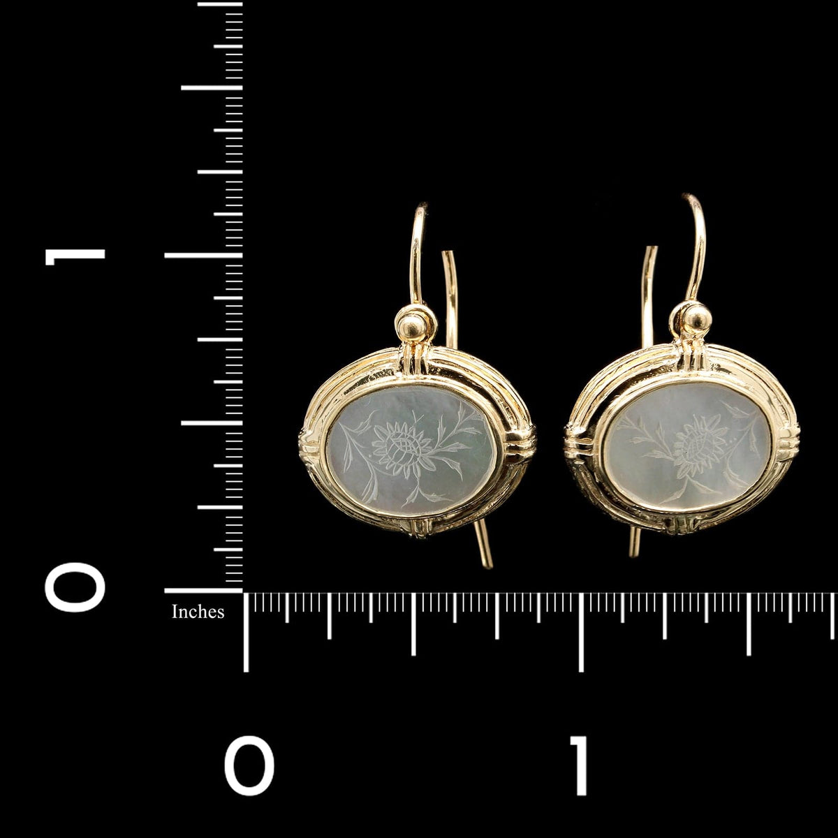 14K Yellow Gold Estate Mother of Pearl Carved Drop Earrings