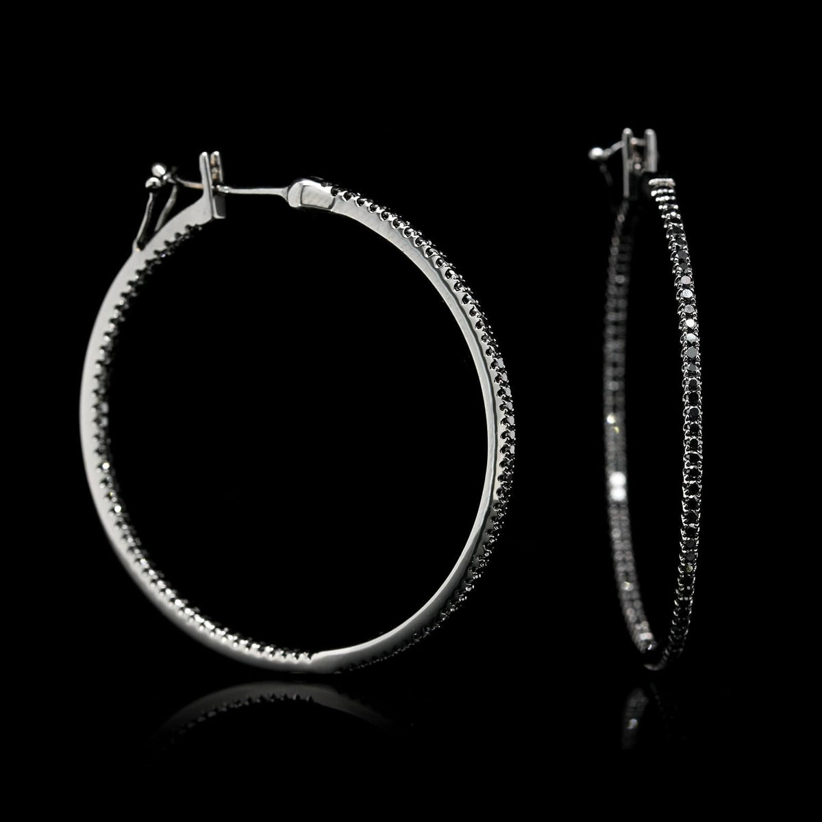 18K White Gold Estate Black Rhodium Black Diamond Inside Outside Hoops