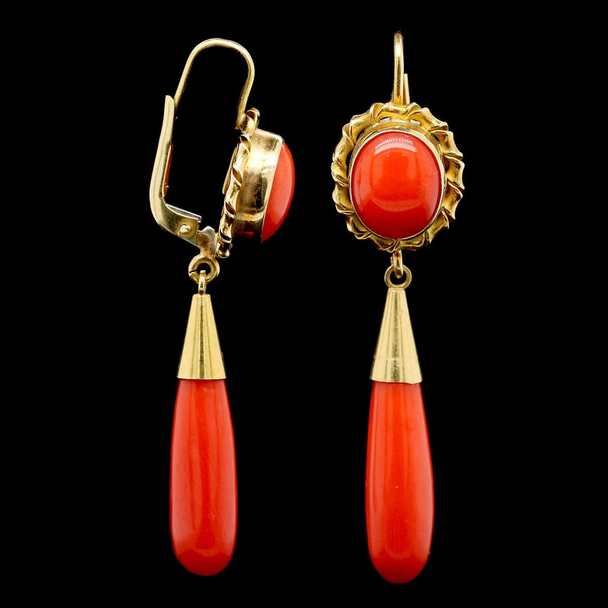 18K Yellow Gold Estate Coral Drop Earrings