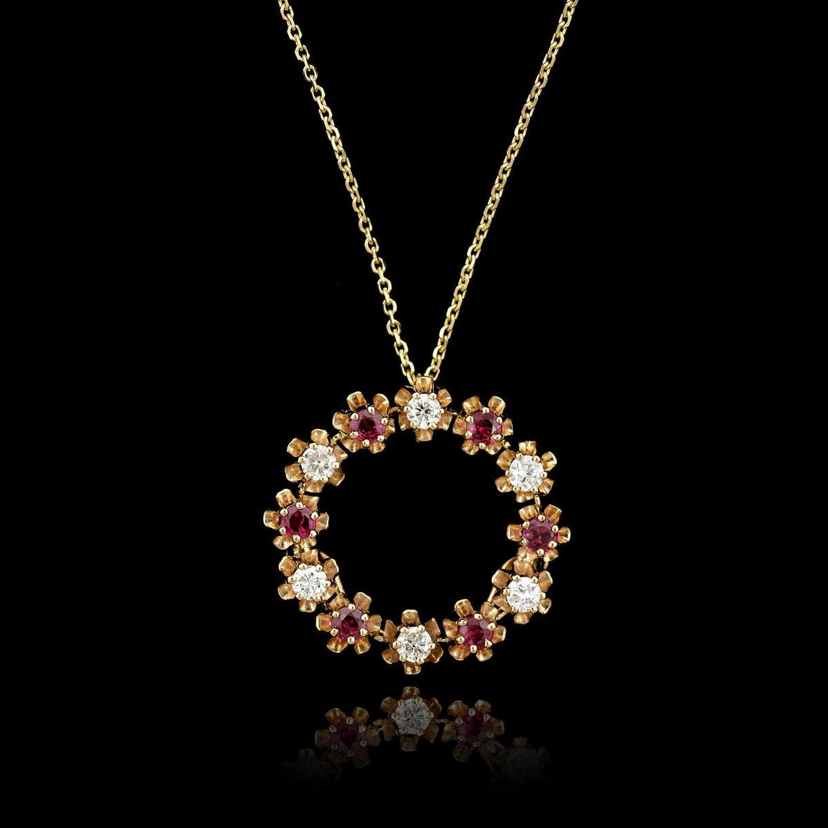 14K Yellow Gold Estate Ruby and Diamond Circle Pendant