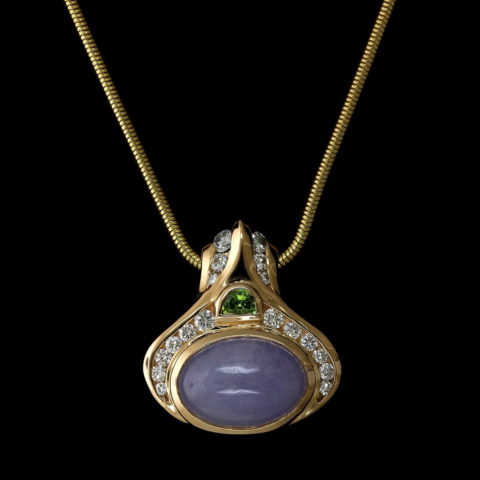 18K Yellow Gold Estate Lavender Jade Peridot and Diamond Pendant