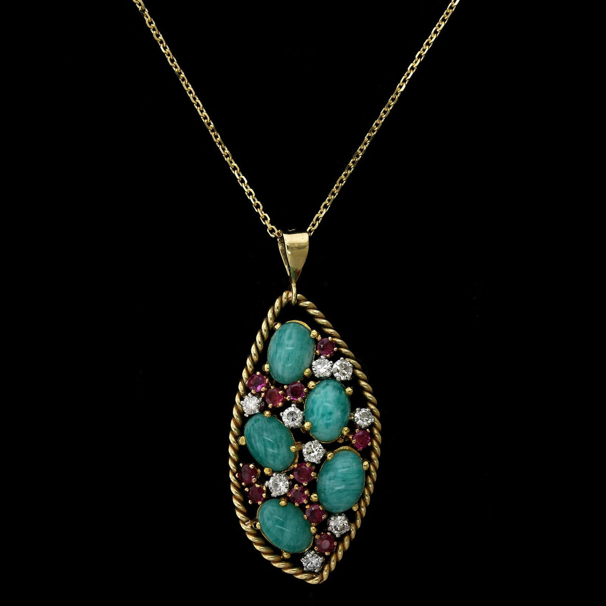 14K Yellow Gold Estate Amazonite Ruby and Diamond Pendant