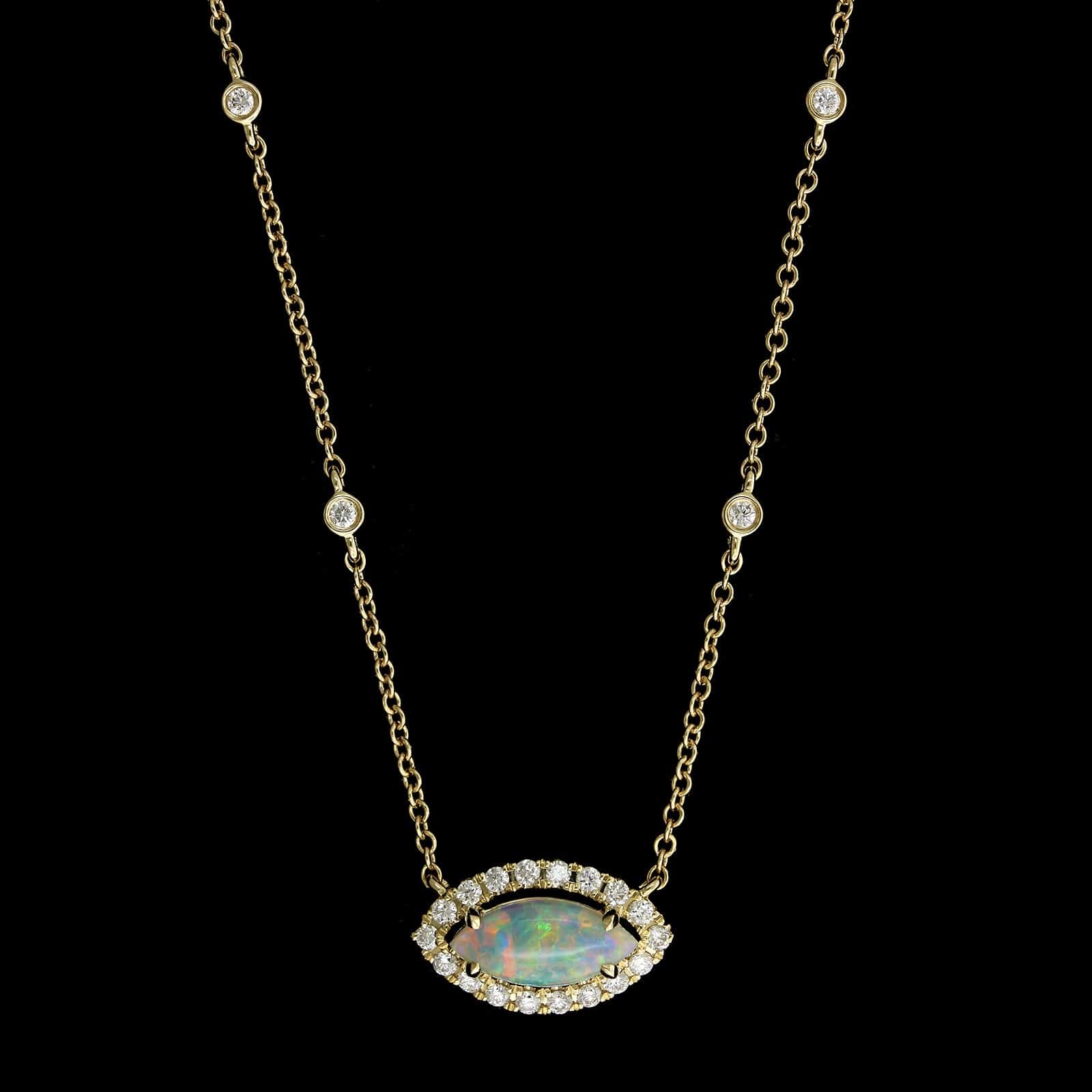 14K Yellow Gold Estate Opal and Diamond Pendant Necklace