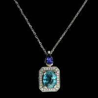 18K Two Tone Gold Estate Blue Zircon Tanzanite and Diamond Pendant Necklace