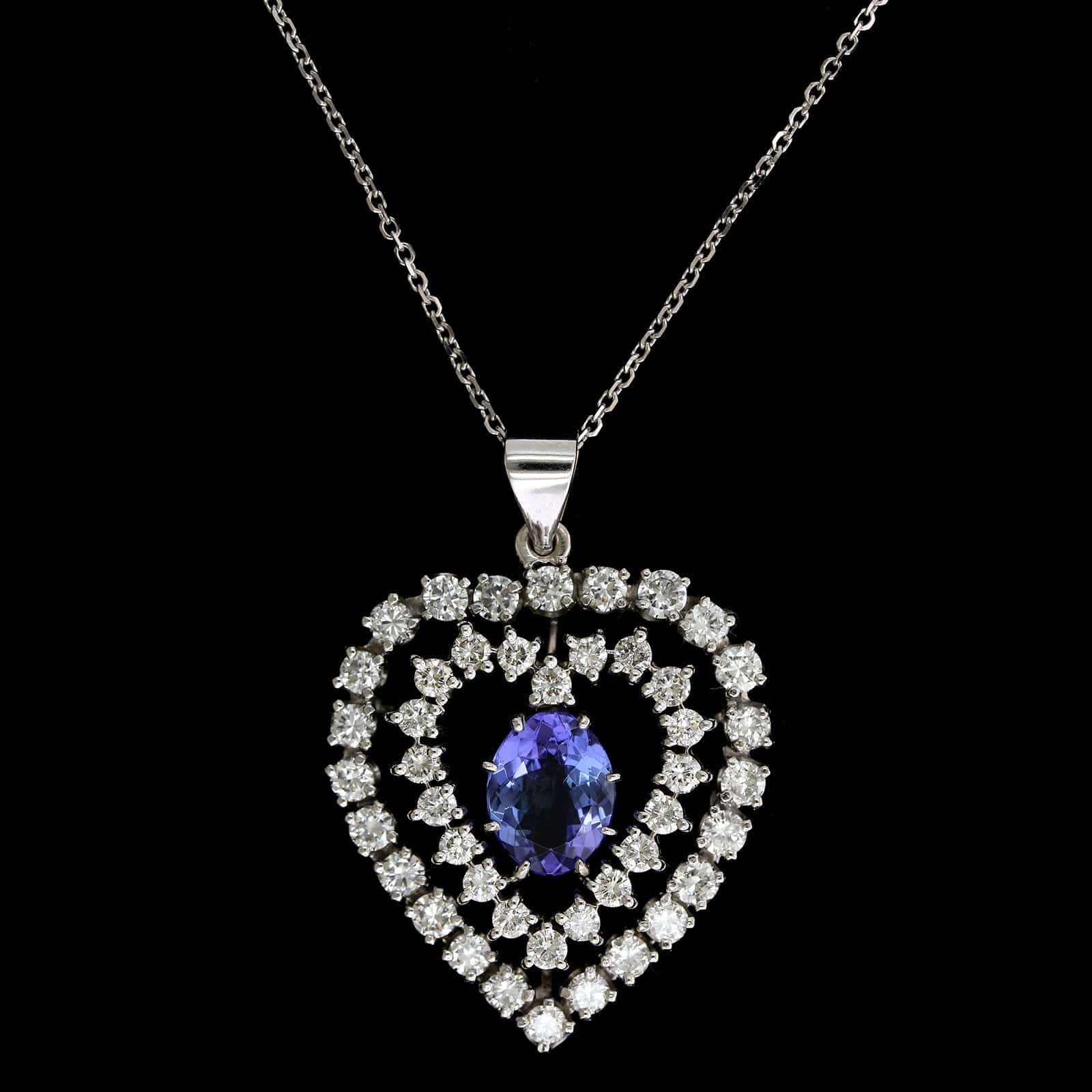 14K White Gold Estate Tanzanite and Diamond Heart Pendant Necklace