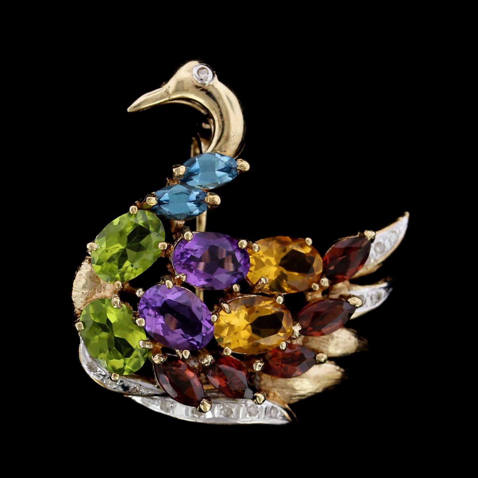 14K Yellow Gold Estate Gem-set Swan Pin