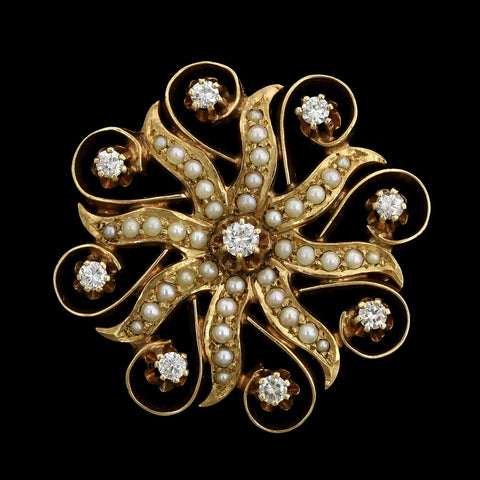 Antique Seed Pearl Starburst Brooch, Victorian Estate Jewelry