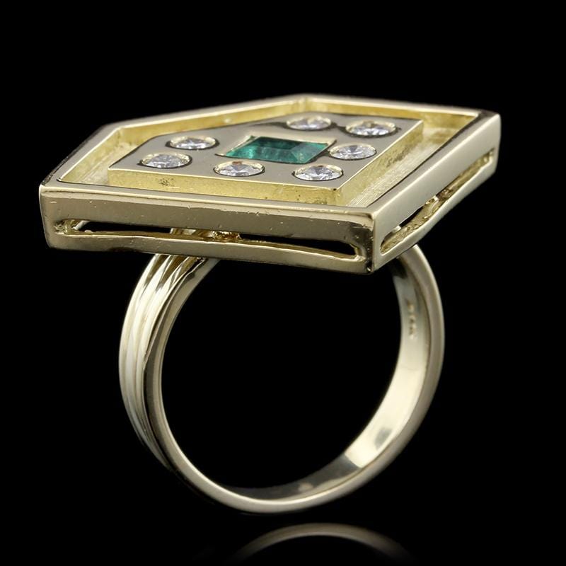 18K Yellow Gold Estate Emerald and Diamond Ring