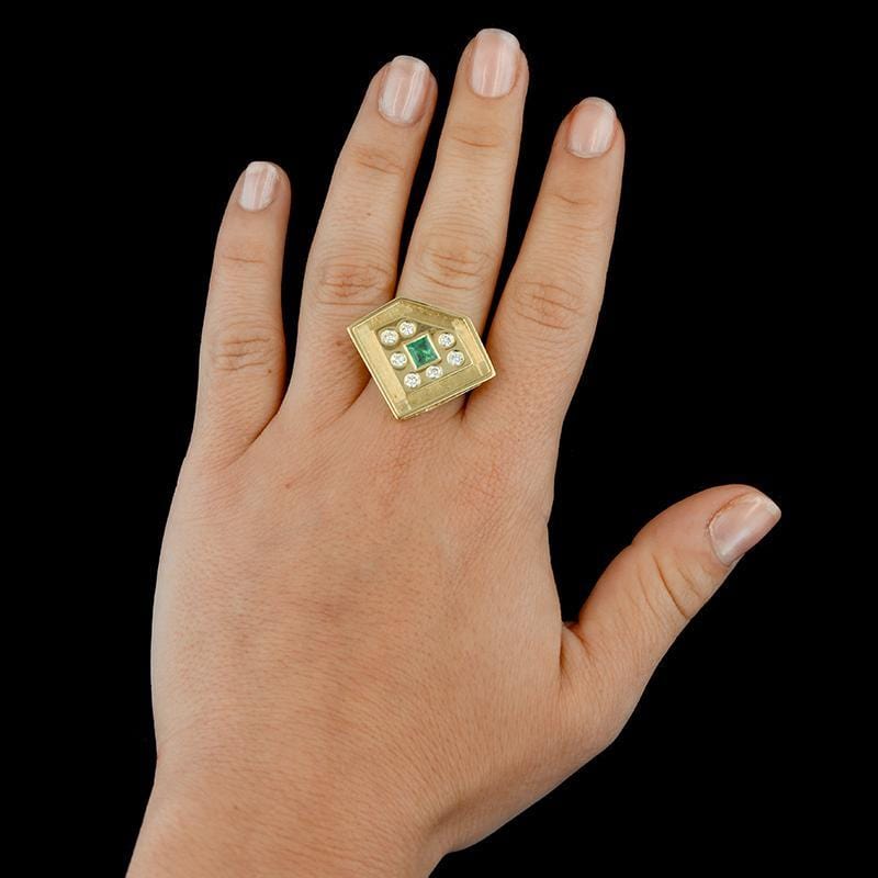 18K Yellow Gold Estate Emerald and Diamond Ring