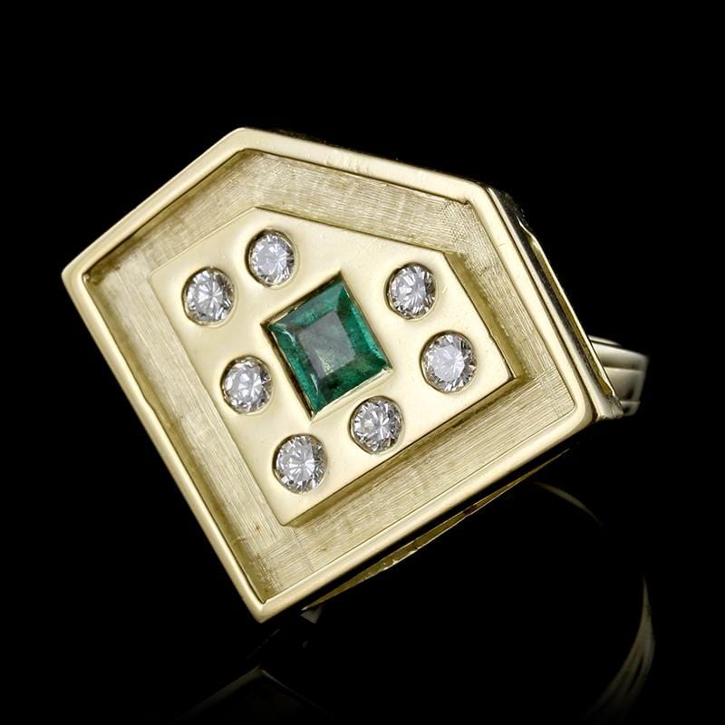 18K Yellow Gold Estate Emerald and Diamond Ring