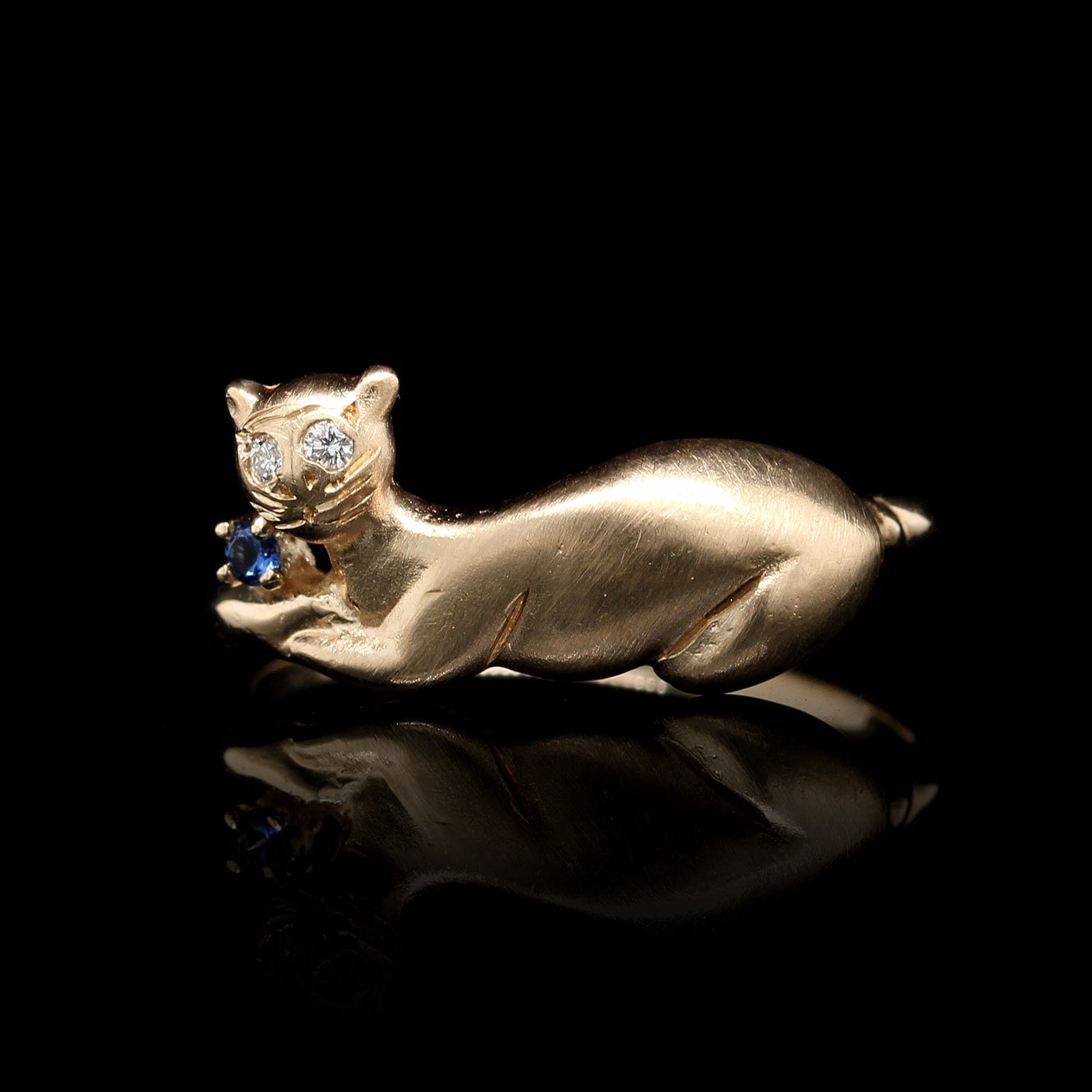 14K Yellow Gold Estate Sapphire and Diamond Cat Ring