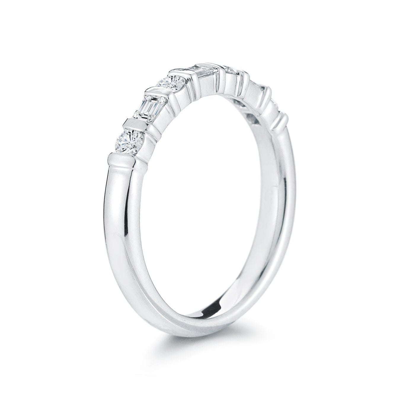 Platinum Alternating Round and Baguette Cut Diamond Wedding Ring