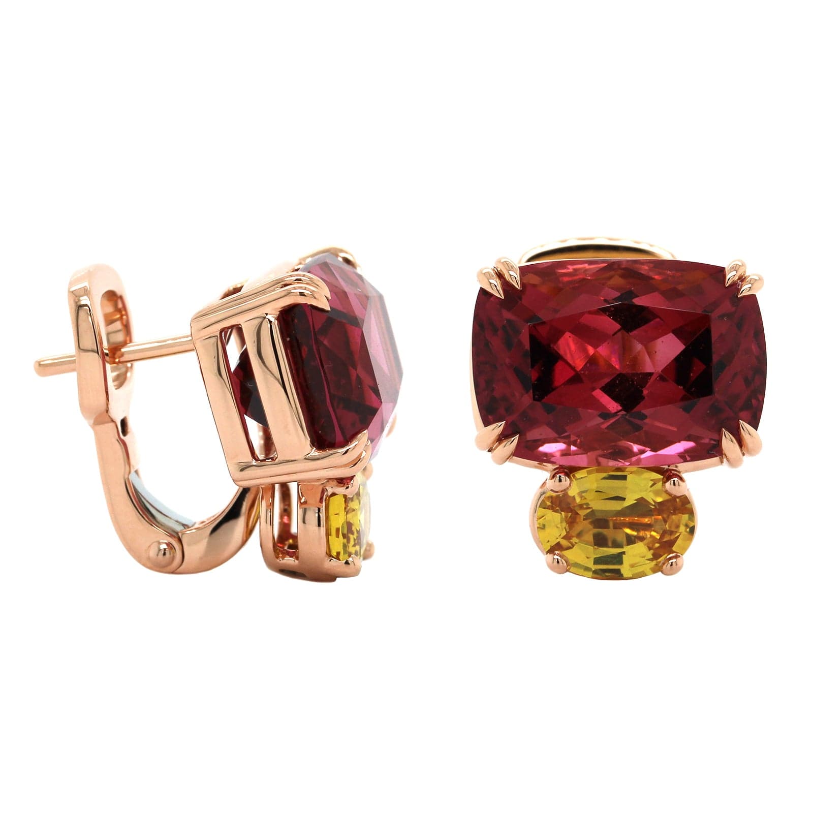 18K Rose Gold Pink Tourmaline and Yellow Sapphire Earrings