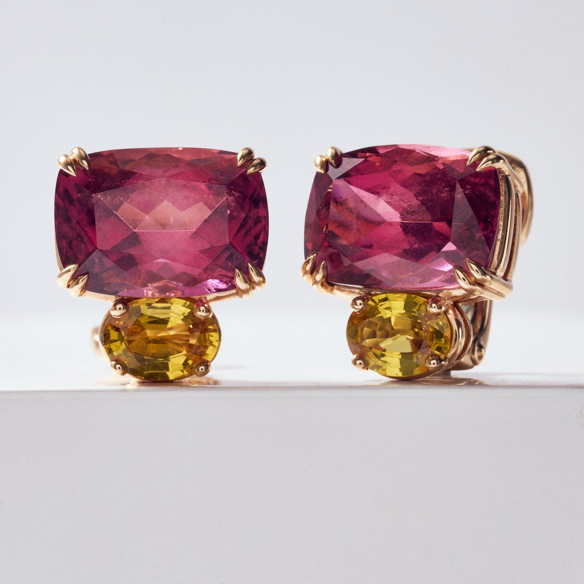 18K Rose Gold Pink Tourmaline and Yellow Sapphire Earrings