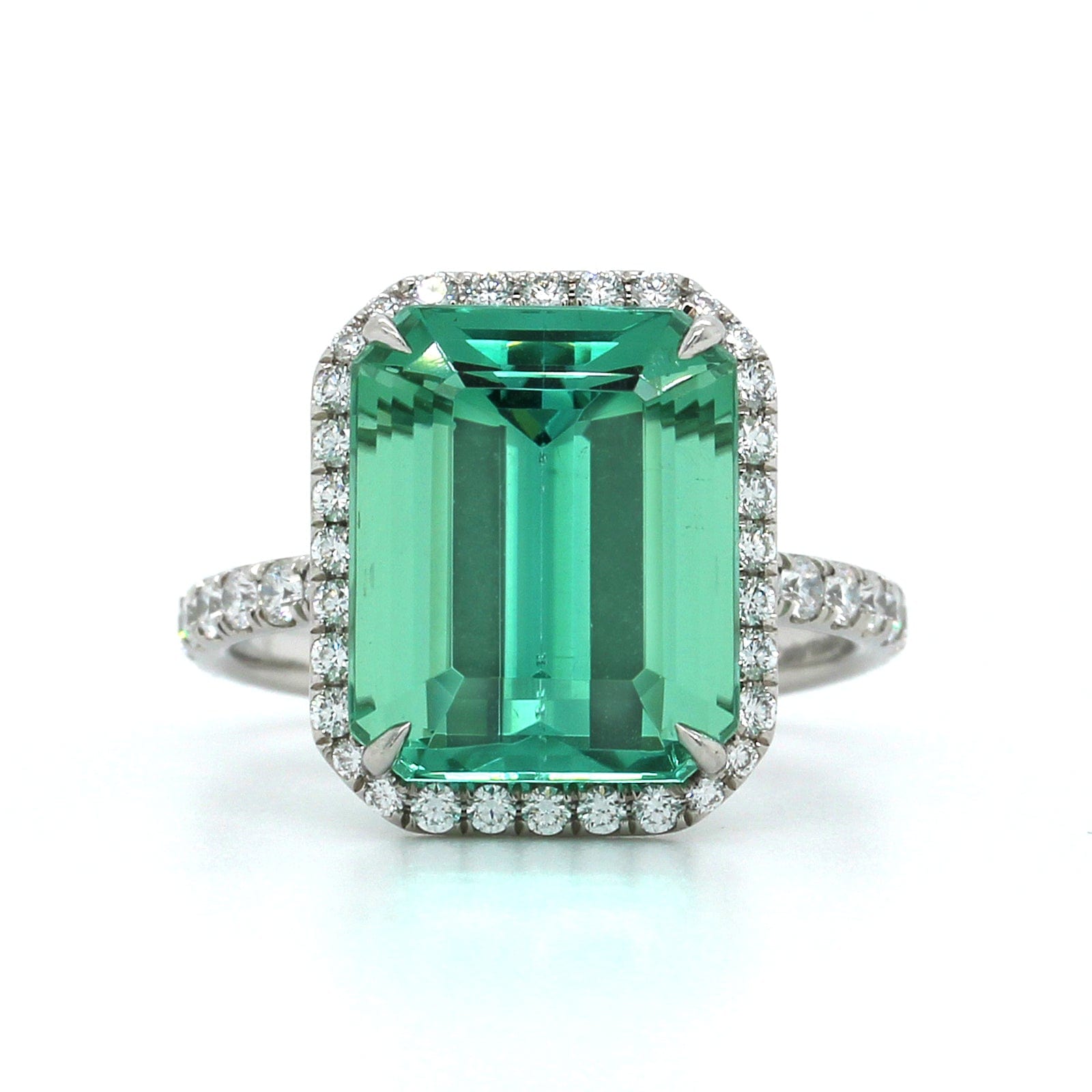 Platinum Emerald Cut Green Tourmaline Diamond Halo Ring