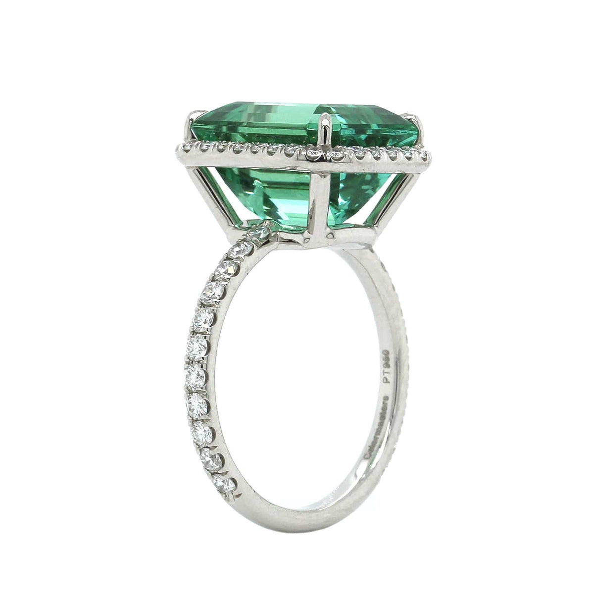 Platinum Emerald Cut Green Tourmaline Diamond Halo Ring