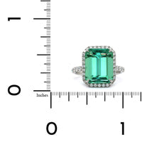 Platinum Emerald Cut Green Tourmaline Diamond Halo Ring