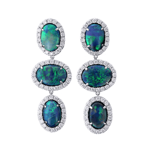 18K White Gold Triple Opal Diamond Halo Drop Earrings