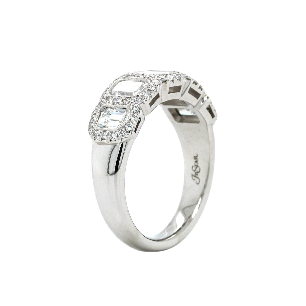 Platinum 5 Stone Emerald Cut Diamond with Diamond Halo Band