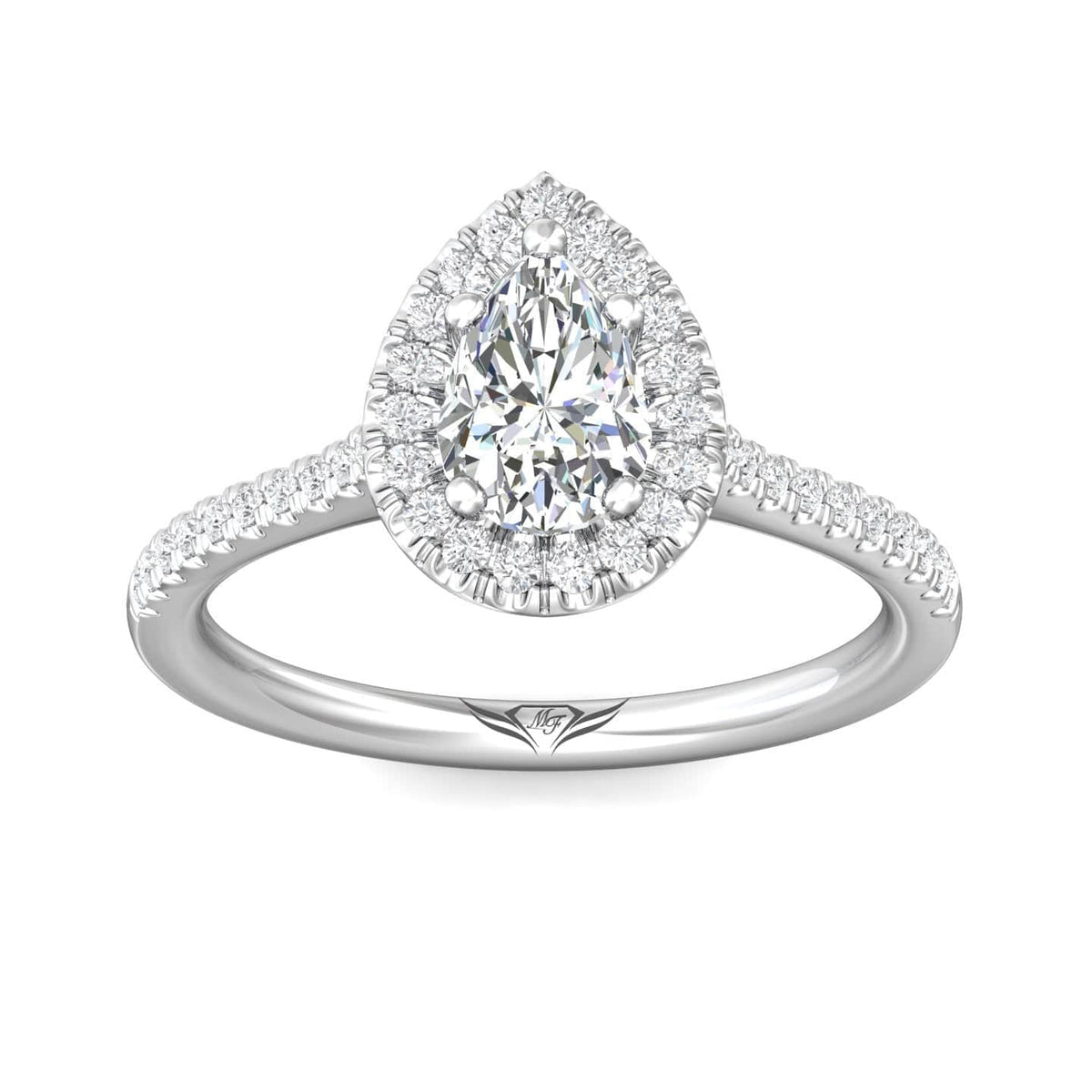 Platinum Pear Shaped Diamond Halo Engagement Ring with Tapered Diamond Band  - Dianna Rae Jewelry