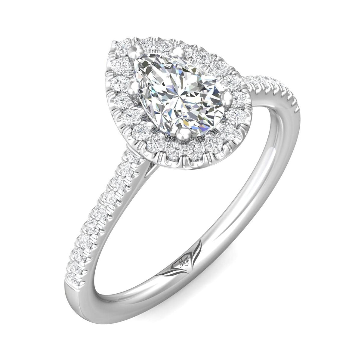 Platinum Pear Shaped Diamond Halo Engagement Ring with Tapered Diamond Band  - Dianna Rae Jewelry