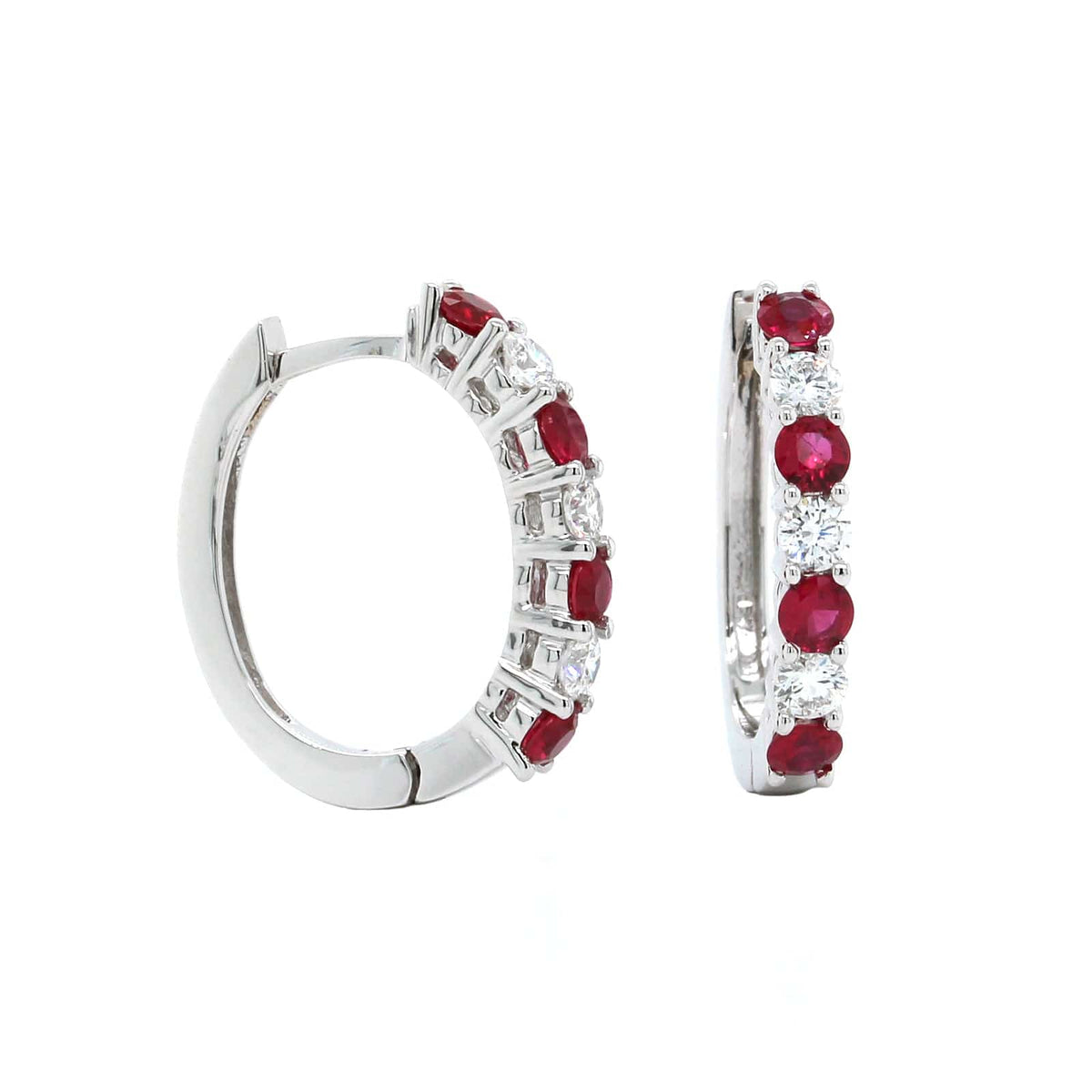 18K White Gold Ruby and Diamond Huggie Earrings, 18k white gold, Long's Jewelers