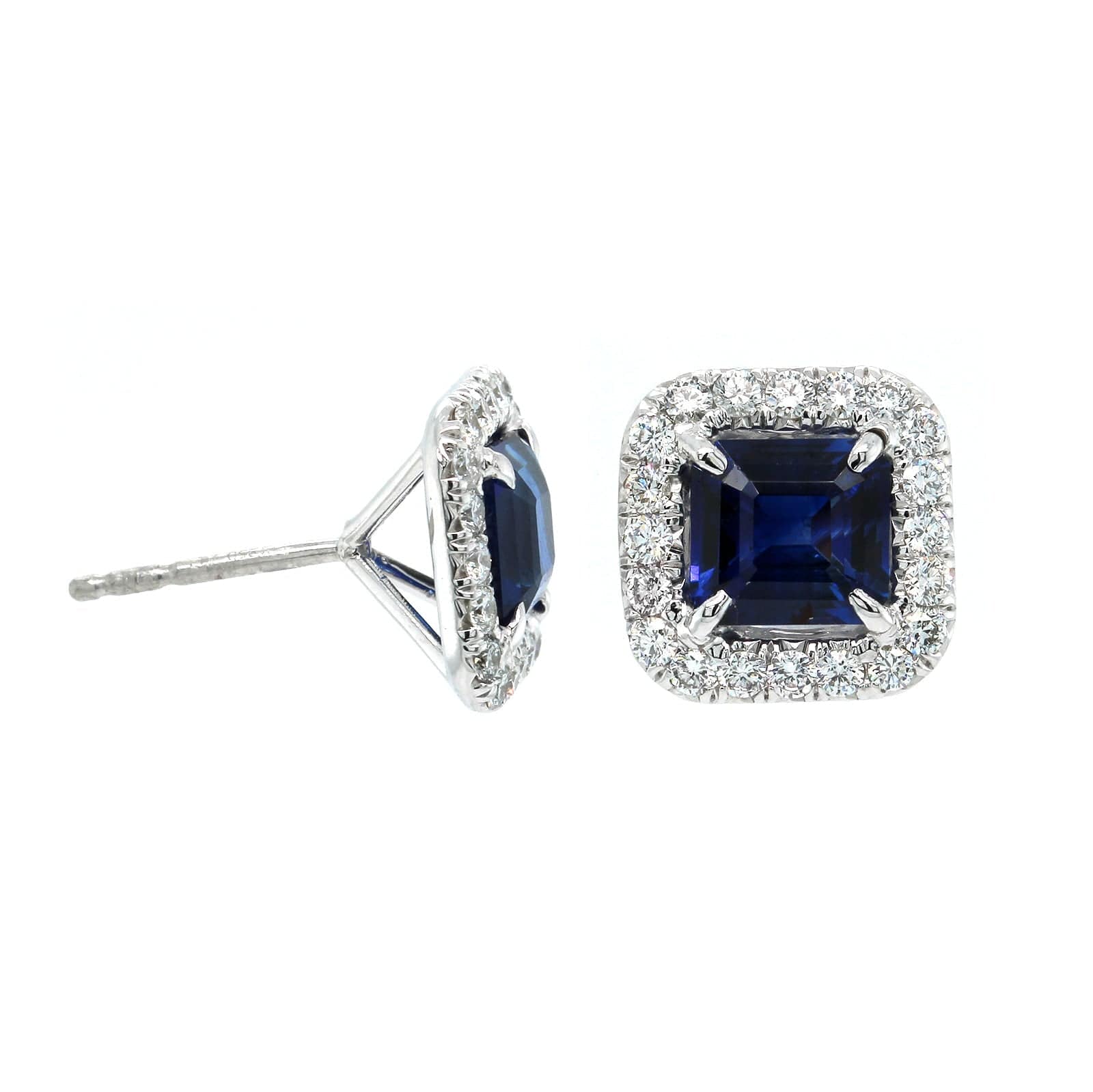 Platinum Square Emerald Cut Sapphire Diamond Halo Stud Earrings