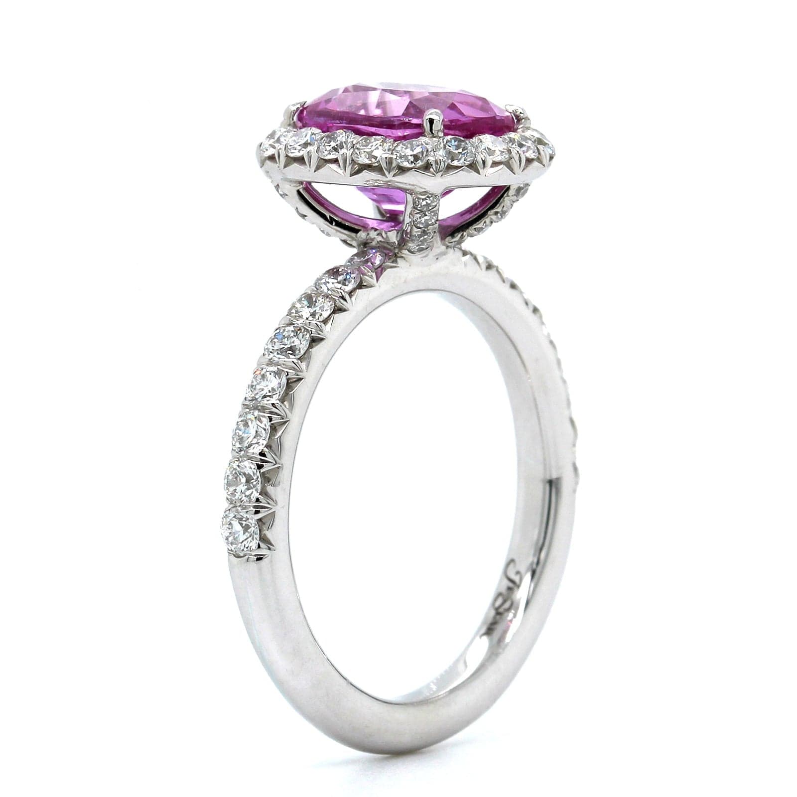 Platinum Oval Pink Sapphire and Diamond Halo Ring