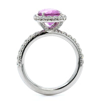 Platinum Oval Pink Sapphire and Diamond Halo Ring